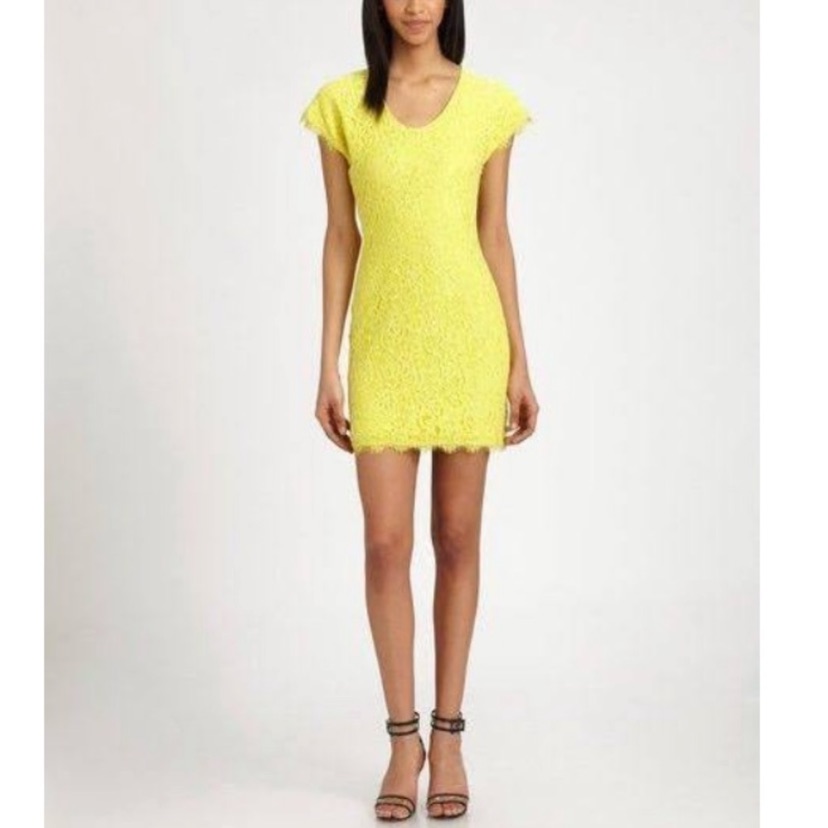 Nwt Diane Von Furstenberg Designer Bodycon Dress Stretch Lace Bright Yellow 6